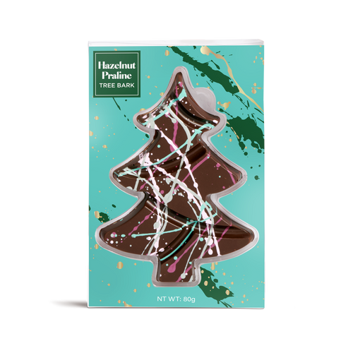Hazelnut Praline Chocolate tree bark with a green packing.