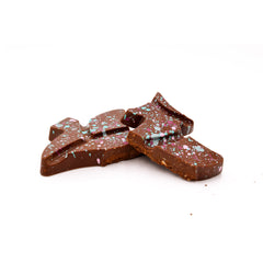 Tree shaped chocolate bar broken in half to show the inside.