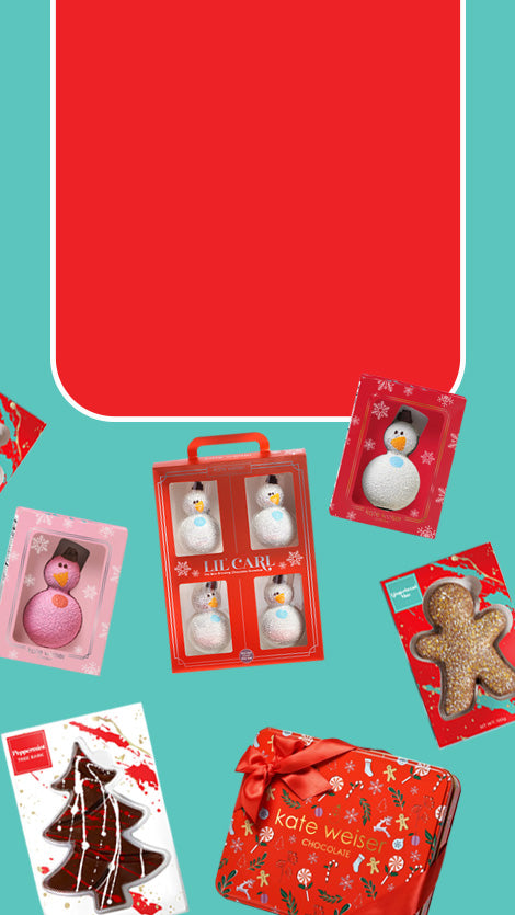 Collection of Christmas-themed gift bags and boxes on a teal background with a red square overlay.