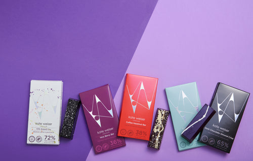 Collection of Kate Weiser's chocolate bars with various designs on a purple background